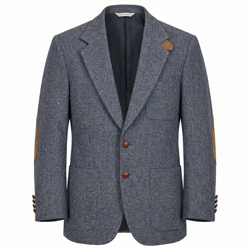 Stafford‎ Tailored Tweed Herringbone Blazer Mens 42 Blue Suede Elbow Patches